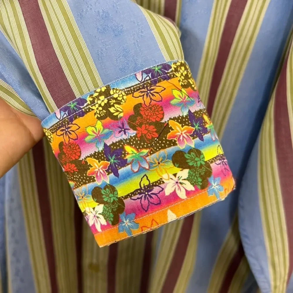 Robert Graham Button Down Shirt Flip Cuff Blue Green Striped Retro Size L